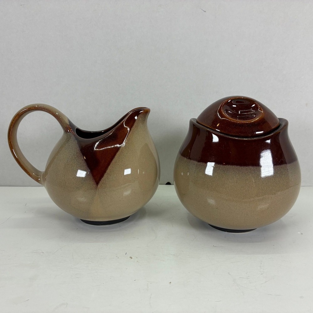 Sango Nova Brown 4933 Creamer and Lidded Sugar Bowl Set Stoneware Two Tone